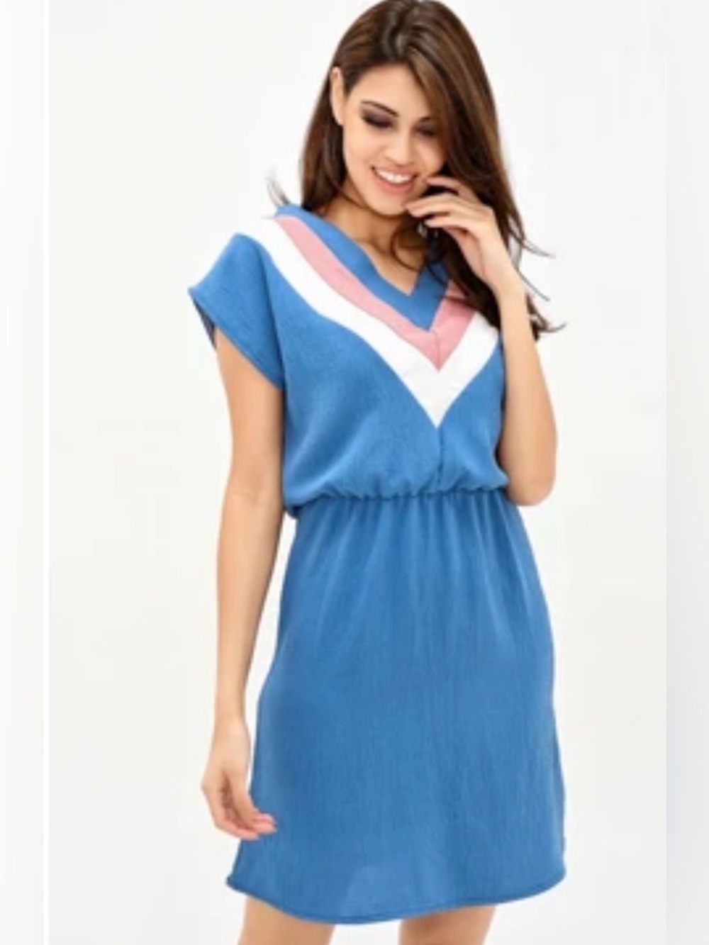 Blue Retro V‑Neck Short Sleeve Dress with White & Pink Chevron